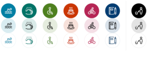 Färgkombinationer för varje profilfärg visas i cirklar på tre rader. Den översta raden visar vit ikon på respektive profilfärg i fullton, den mellersta raden visar svart ikon på en ljus ton av respektive profilfärg och den undre raden visar ikoner i respektive profilfärg mot vit bakgrund.