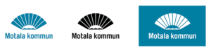 Kommunens logotyp visas i sina tre färgvarianter; blå (Pantone 314), svart och vit.
