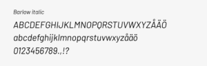 Typsnittet Barlow italic visas i versala och gemena bokstäver samt i siffror och skiljetecken.