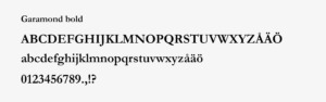 Typsnittet Garamond bold visas i versala och gemena bokstäver samt i siffror och skiljetecken.