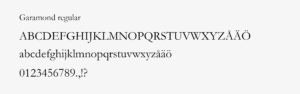Typsnittet Garamond regular visas i versala och gemena bokstäver samt i siffror och skiljetecken.
