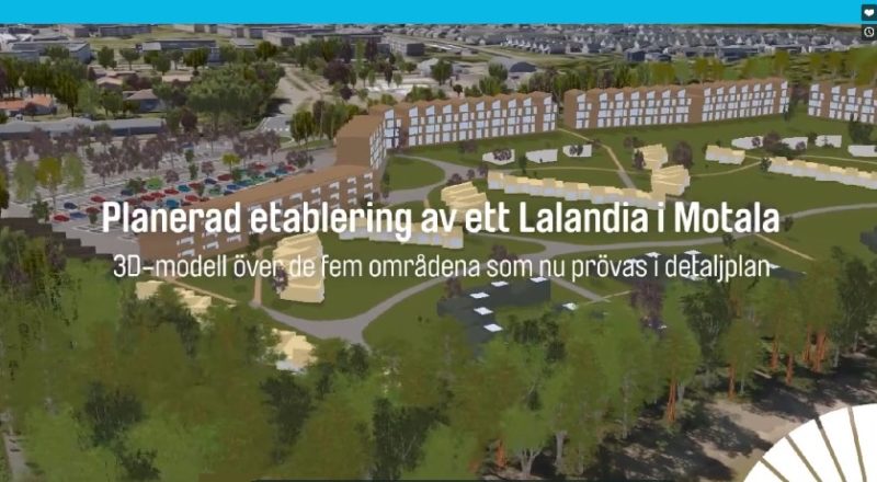 Illustration över Lalandias semesterhus, texten Planerad etablering av ett Lalandia i Motala.
