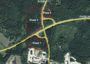 Kartbild över Erstorp med markering för etapp 1 till 3.