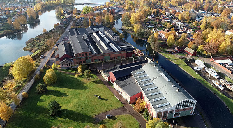 Flygbild över området Gamla Motala verkstad